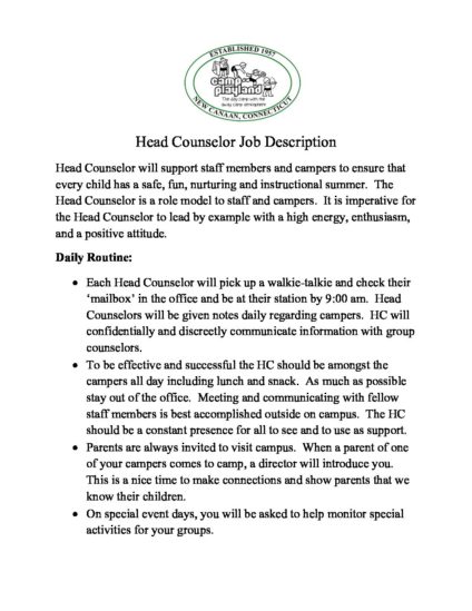 Head Counselor Job Description | Summer Day Camp in CT | Camp Playland ...